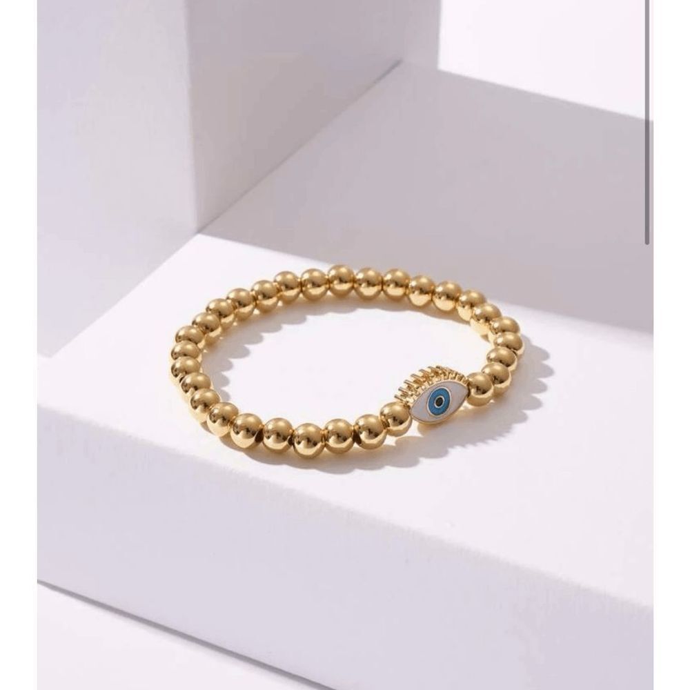 Eyelash Evil Eye Gold Beaded Charm Bracelet